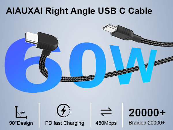 USB C Cable Right Angle 60W Fast Charging USB C Cable 90 Degree USB Type C Charger Cord