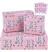 RUSPEPA Birthday Wrapping Paper Sheets with Gift Tags for Teenager Girls' Birthday Gift Wrap, 6 F...