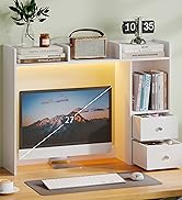 ChooChoo Desktop Bookshelf with LED Lights, 36.6" Dorm Desk Hutch with 4 Shelves and 2 Drawers, F...