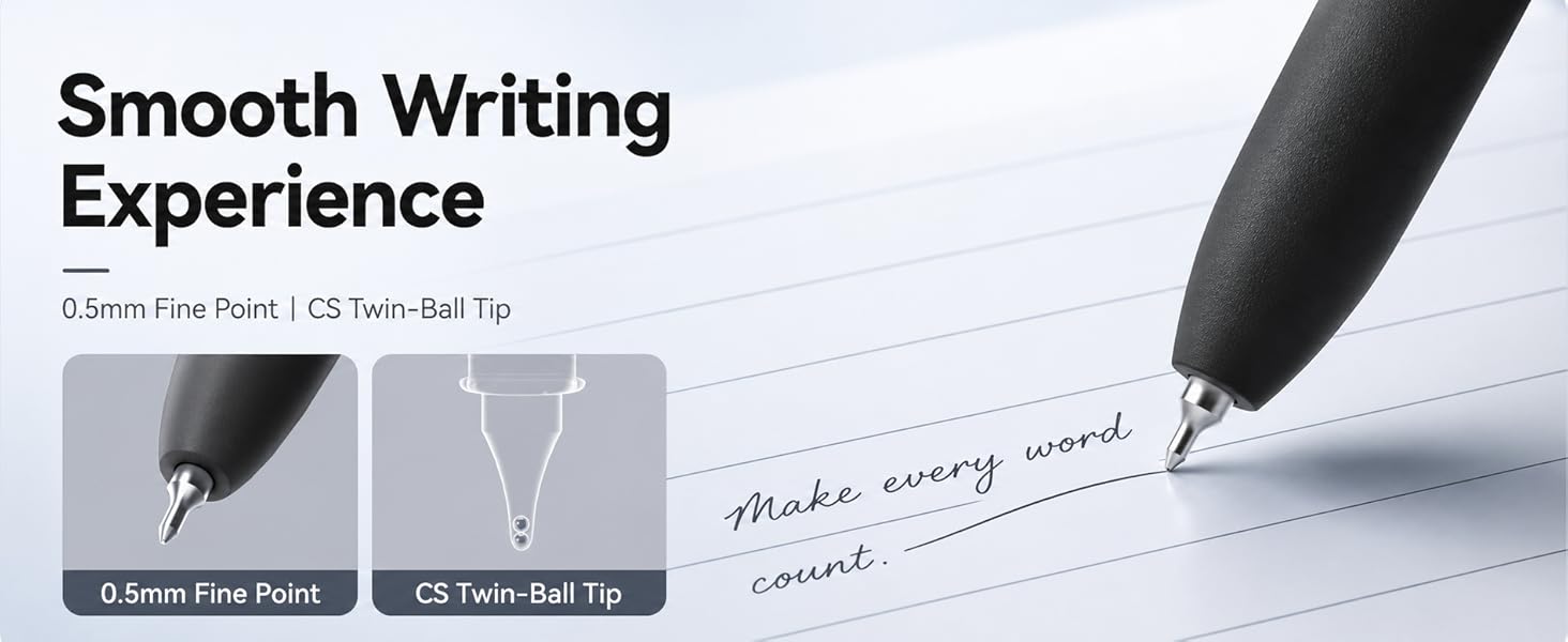 0.5mm fine point gel ink pens with smooth writing, consistent ink flow and CS twin-ball tip