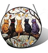 DASTOLL Stained Glass Window Hanging - 5 Cats on a Branch Suncatcher for Window Doors Home Decora...