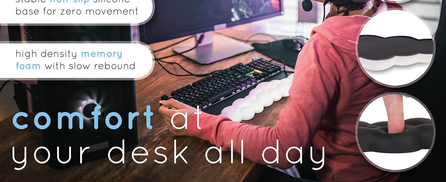 Person gaming with cloud wrist rest featuring non-slip base and memory foam for all-day comfort