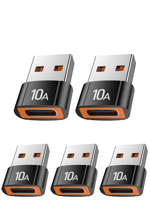 Collection of USB adapters with orange accents. Multiple identical units shown, appear to be 10A rated based on visible markings.