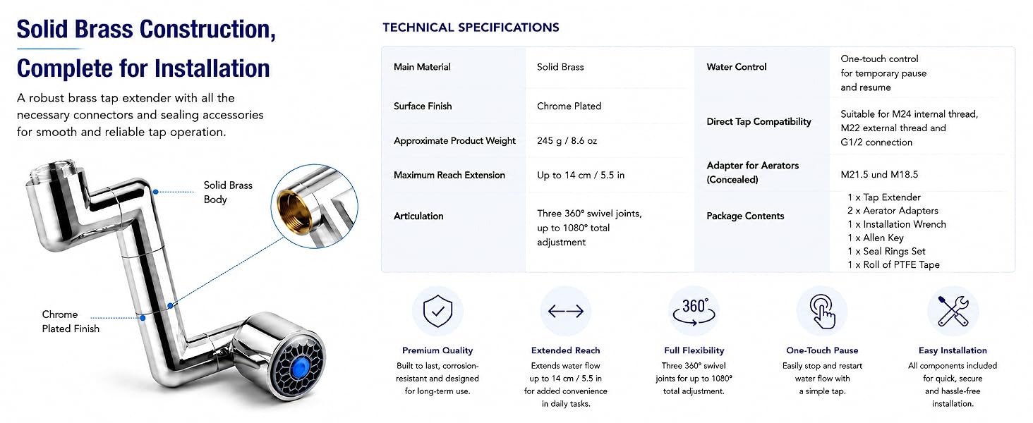 Text reads 'Solid Brass Construction, Complete for Installation'. Product diagram showing brake caliper assembly with labeled components, technical specifications, and feature icons below demonstrating construction quality and installation completeness.