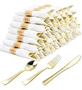 N9R 120 Pack Pre Rolled Gold Plastic Cutlery Set, Wrapped Plastic Silverware Set with 120 Forks, ...