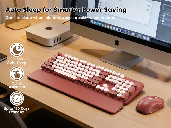 Burgundy retro keyboard and mouse with auto sleep for smarter power saving.