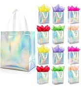 Flasunire Gift Bags with Handles Iridescent Holographic - 8x4x10 Inch 12 Pcs Iridescent Gift Bags...