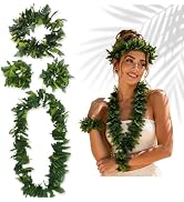 4Pcs Green Hawaiian Leis Set, Artificial Leaf Lei Garland Necklace with Headband and Wristbands S...