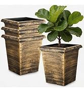 Tall Outdoor Square Planter - 4 Pack 10 Inch Vintage Gold Faux Metal Plant Pot with Drainage Hole...