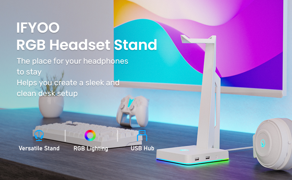 IFYOO RGB Gaming Headset Stand with 2 USB Ports, Game Headphone Mount for PC, Xbox One, PS4, Switch