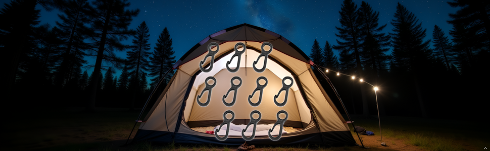 A serene campsite nestled in a lush forest, with a tent and camping gear neatly organized using the