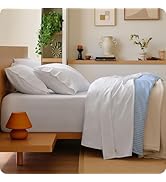 Bedsure 100% Washed Cotton Sheets - Linen Like Textured Percale Sheets Queen Size, 6-Piece Bedshe...