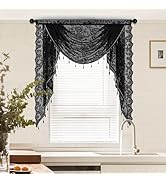 Huierxun Black Lace Waterfall Window Valance with Bead Tassels Floral Embroidered Valance Curtain...