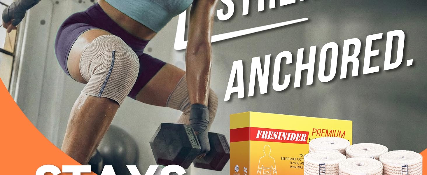 Athlete wearing an elastic compression bandage beside FRESINIDER packaging