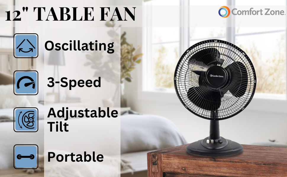 comfort zone portable 12 inch oscillating table fan black 3-speed