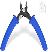 Wire cutting pliers with black metal head and blue ergonomic rubber handles. Small white gauge template visible in corner.