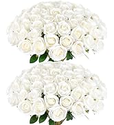 Rowfad 60 Pcs Artificial Roses Bulk Velvet Silk White Roses Realistic White Roses for Wedding Cen...