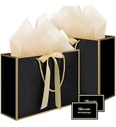 woric Black Gift Bags with Handles, 14" Medium Gift Bag with Tissue Paper, 2 Pcs Bags with 4 Tiss...