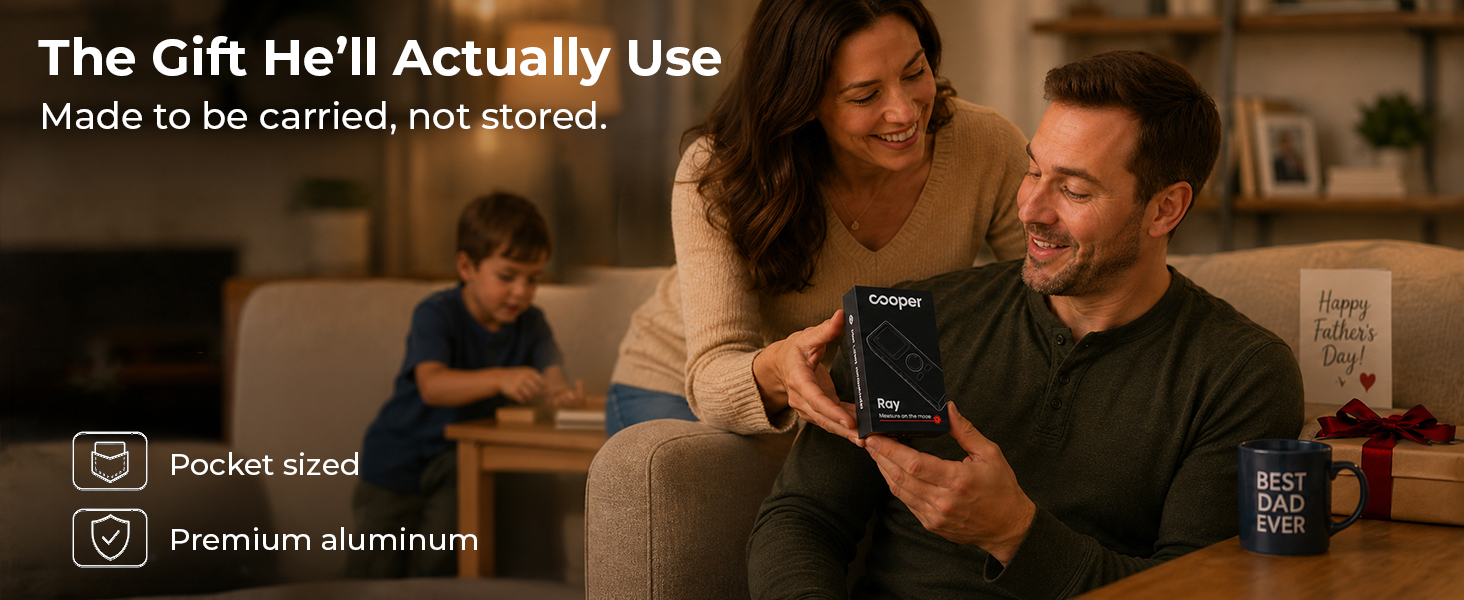 Text reads: 'The Gift He'll Actually Use', 'Made to be carried, not stored', 'Pocket-sized', 'Premium aluminum'. Man and child with portable device in home setting, product emphasis on portability.
