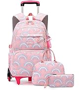 YJMKOI 3PCS Heart Print Rolling Backpack for Girls Colorful Elementary Trolley School Bags Kids B...