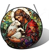 DASTOLL Stained Glass Window Hanging, Jesus Little Lamb Sun Catchers Colorful Glass Panel Christi...