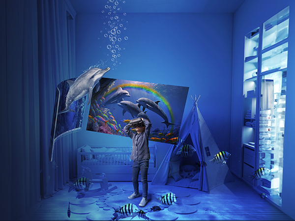 a child is standing in a room with a painting of dolphins.