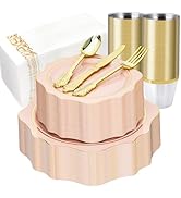 Realluck 350 PCS Pink and Gold Plastic Plates, Gold Disposable Plates for 50 Guests, Includes 100...
