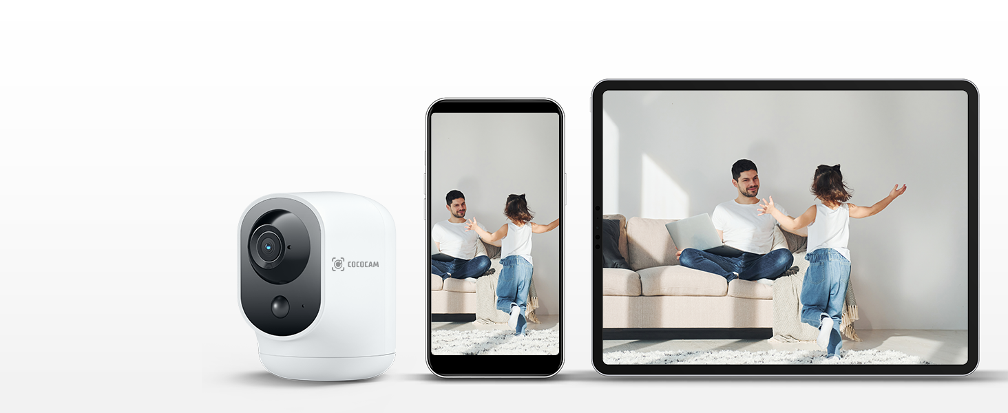 Smart security camera setup with white spherical camera unit displayed alongside mobile phone and tablet showing live video feed.