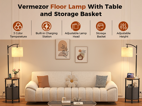 Floor lamp with side table and storage basket beside a sofa in a modern living room.