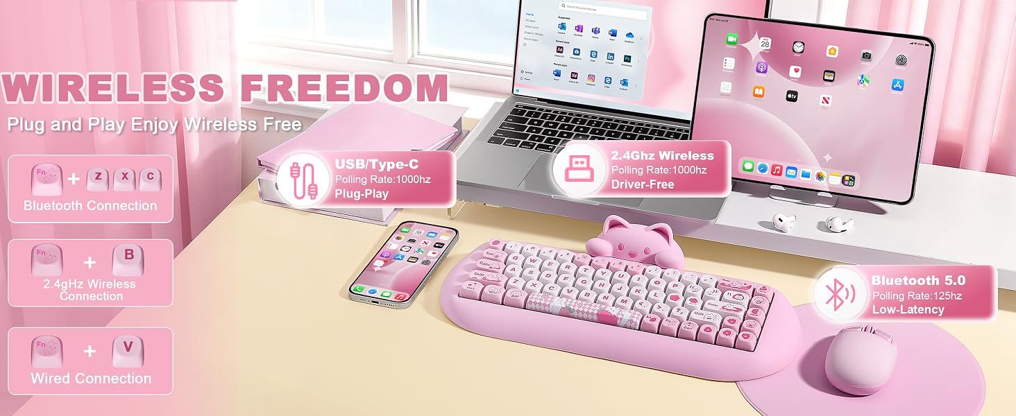 Text reads "WIRELESS FREEDOM" in pink with additional text on left side. Pink desk setup with wireless keyboard, mouse, tablet, and smartphone with matching pink wireless peripherals.