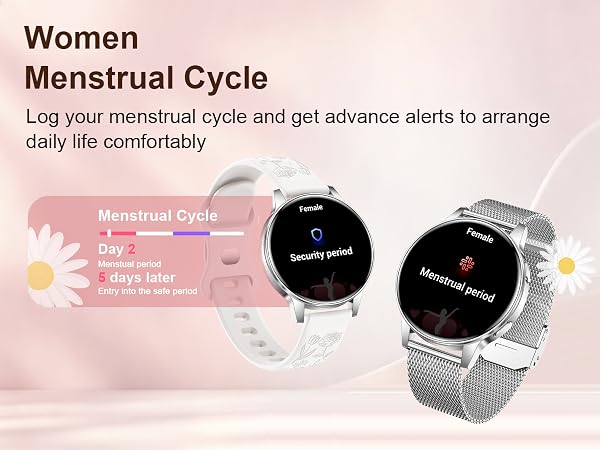 Text reads 'Women Menstrual Cycle' and 'Log your menstrual cycle and get advance alerts to arrange daily life comfortably'. Two black smartwatches with digital display shown on pink background with menstrual cycle tracking interface.