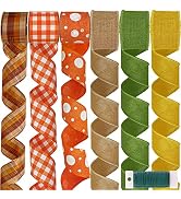 Supla 6 Rolls Assorted Fall Plaid Wired Ribbons and Jute Mesh Burlap Wired Ribbons Decorative Wir...