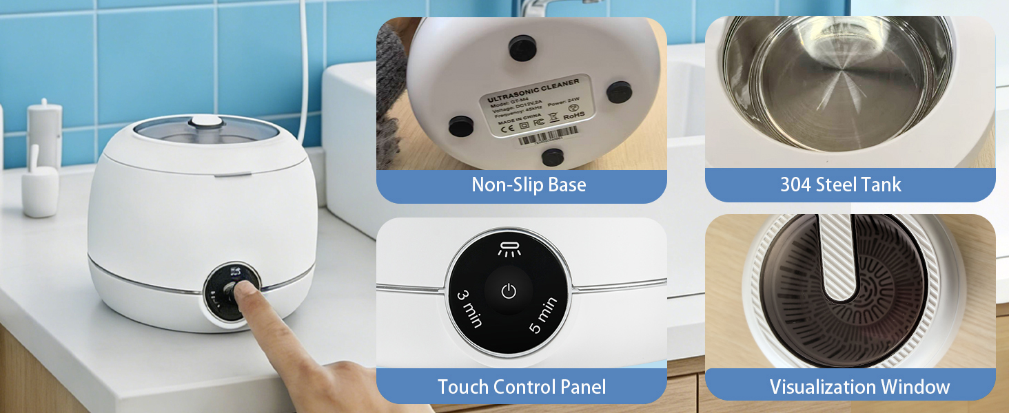 Non-slip base, 304 stainless steel tank, touch control panel, and visualization window lid.