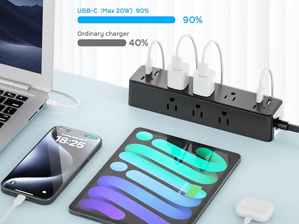 Flat Plug Desk Clamp Power Strip 10FT, 40W Total Fast Charging Station