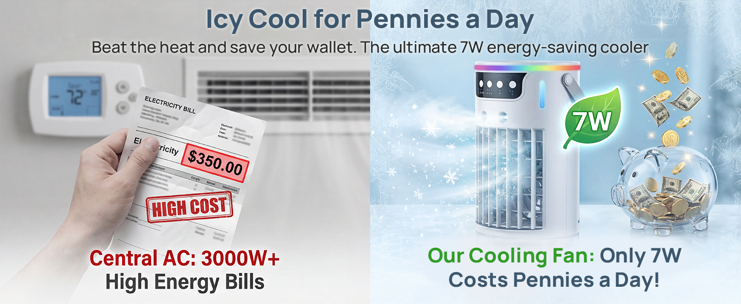 Low energy 7W personal air coolers delivers icy mist for maximum chill and low bills