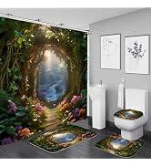Nkzply 4 Pcs Green Forest Shower Curtain Set Enchanted Forest Bathroom Sets with Shower Curtain a...