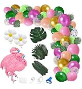 Hawaiian Luau Tropical Balloon Arch Kit Pink Flamingo,Dark Green Palm Leaves Party Supplies for P...