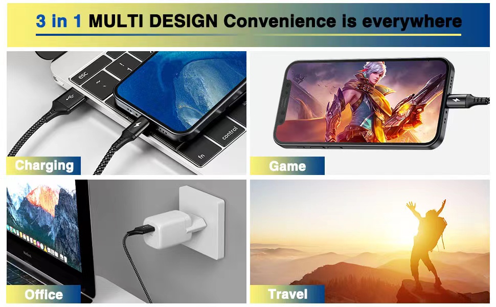 3 in 1 multi charge cable multi usb cable multi data transter cable type c charging cord usb cable