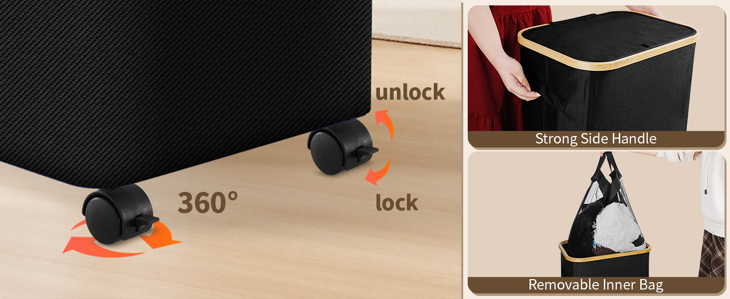 360° Swivel Casters, Lockable Wheels, Reinforced Side Handles, Removable & Washable Liner