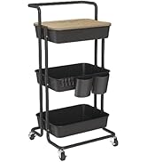 DTK 3 Tier Utility Rolling Storage Cart with Cover Board, Handle and Locking Wheels, 2 Small Bask...