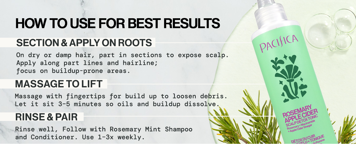detoxifies oils and flakes, dermatologist tested, niacinamide nourishes scalp
