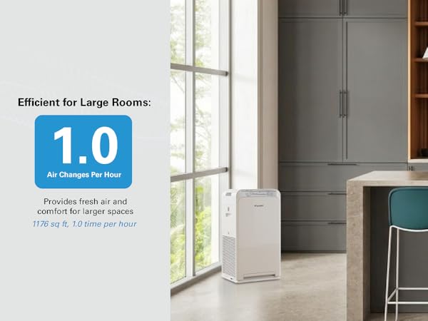 Efficient for large rooms, providing fresh air and comfort for 1176 sq ft an hour