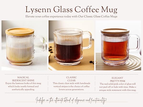 Lysenn Glass Coffee Mug with Lid Iridescent clear pink