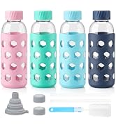 Sursip 16 oz Glass Juice Bottles with Lids, 4 Pack Reusable Clear Glass Water Bottles with Silico...