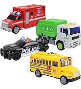 TeganPlay 4 Pack Ambulance, Garbage Truck, School Bus, Police Car Toy, Vehicles Toy Set Toddlers ...