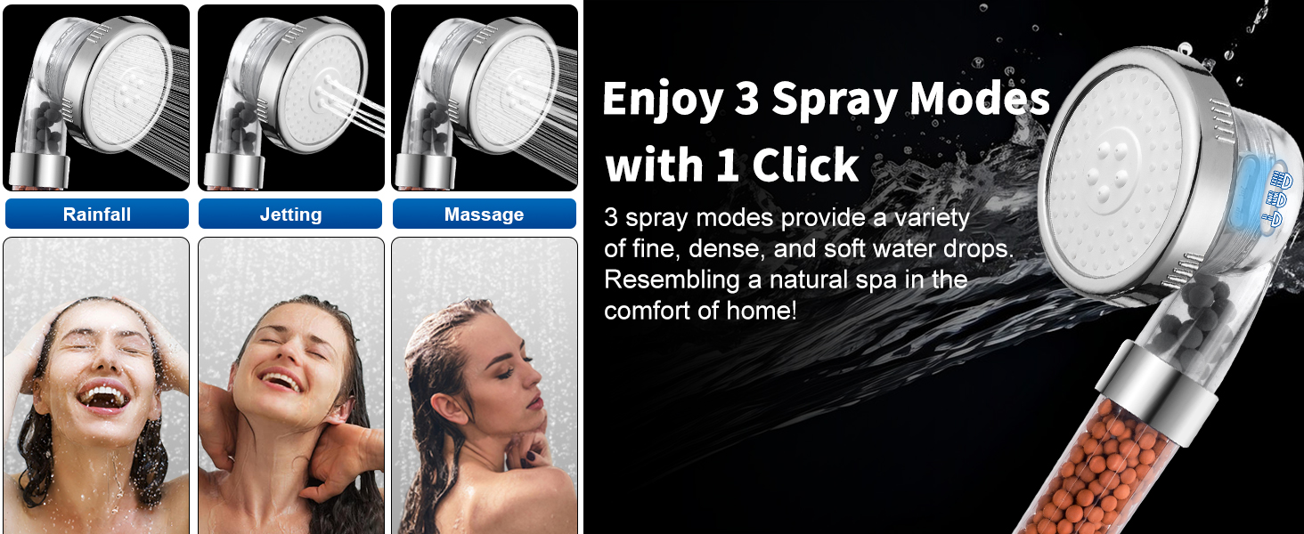 Rainfall, Jetting, Massage mode, enjoy 3 spray modes with 1 click!
