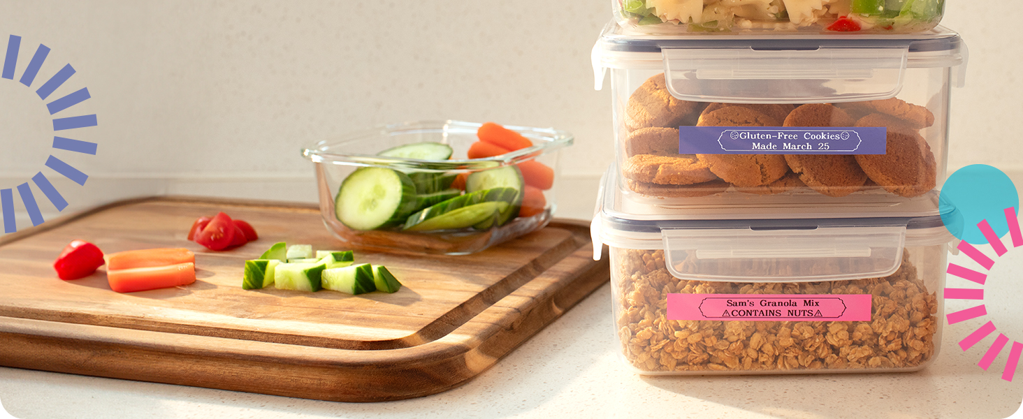 Meal prep containers with Brother Btag labels with food types, allergens, and dietary restrictions