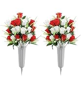 U'Artlines 2Pcs Artificial Cemetery Flowers for Grave Silk Memorial Rose Flowers Outdoor Grave Fl...