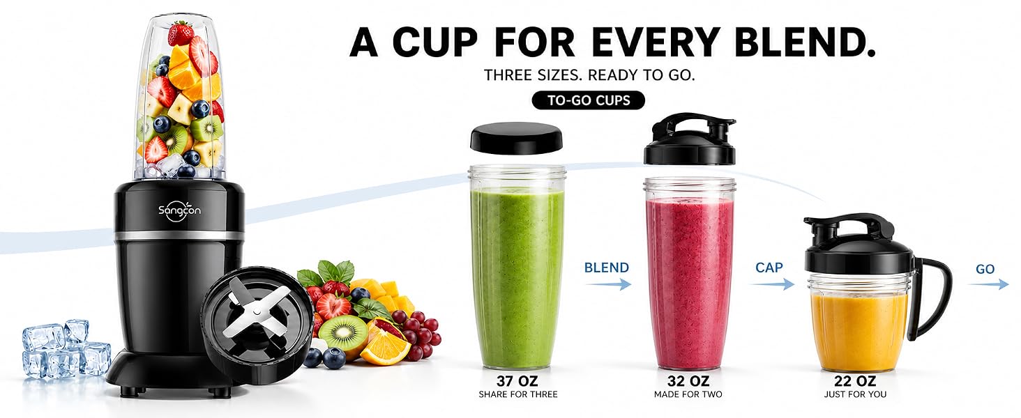 Sangcon blender includes 37 oz, 32 oz and 22 oz cups for sharing or taking drinks on the go.