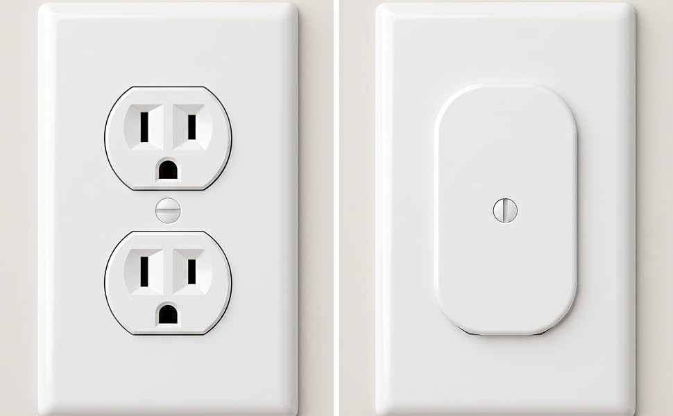 Standard duplex outlet shown beside the same outlet with the screw-on safety cover installed